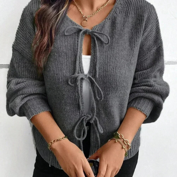 Grey Casual Women's Plus Size High Neck Loose Button Cape Warm Pullover Sweater - Picture 6 of 7